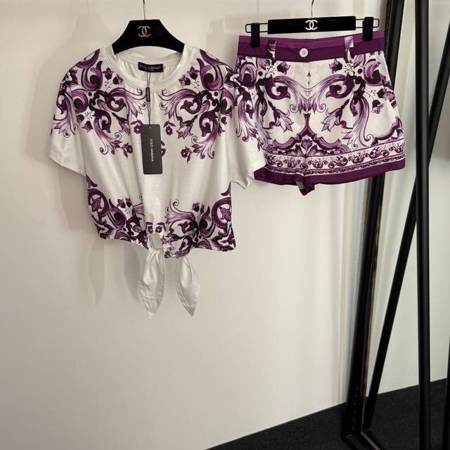Style No. 20254314 Dg* Newest Set, Retro Pattern Printed Tie Waist Short Sleeve