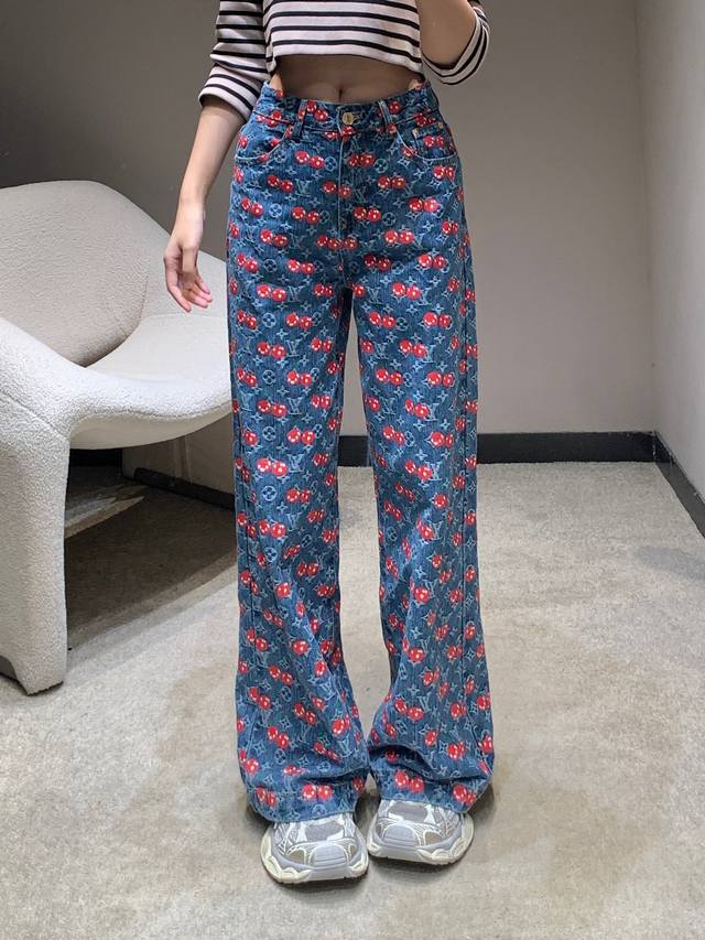Louisvuitt* 25Fw Early Fall New All-Over Cherry Print Denim Pants | Exclusive Hi