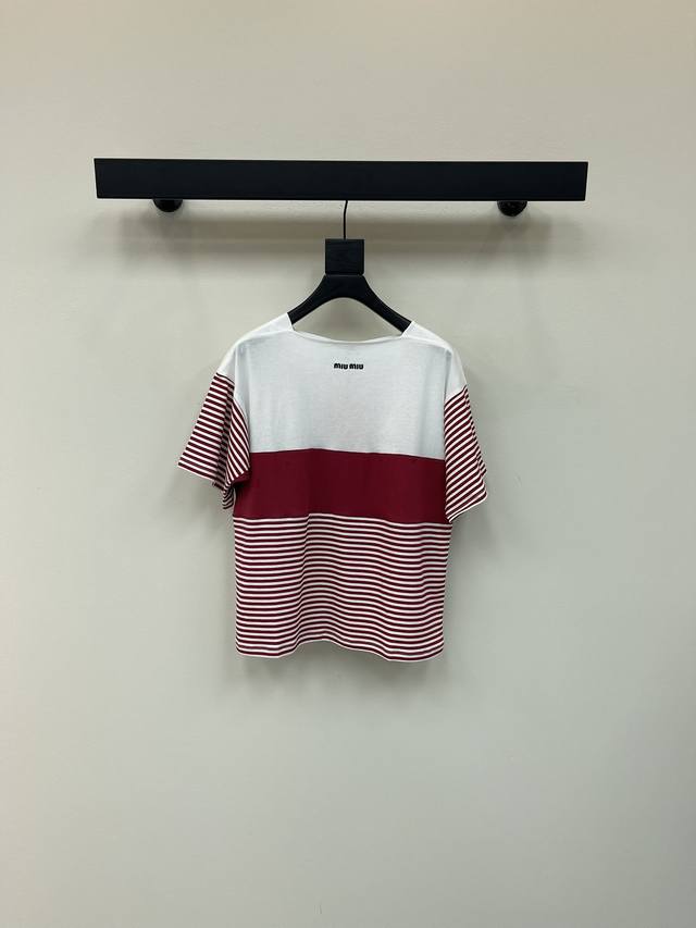 Miumi*25 new cotton striped short-sleeved T-shirt. Cotton jersey fabric with con