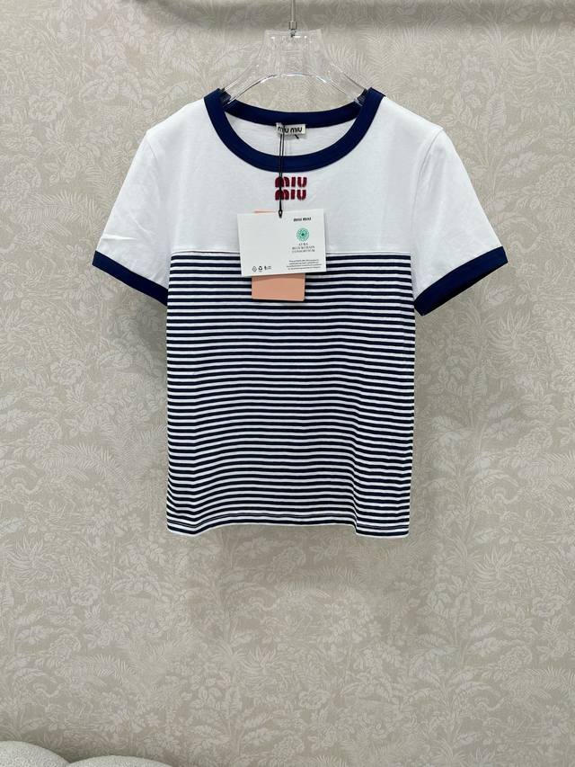 Miumi*25 new round-neck blue striped short-sleeved custom Yb imported cotton pop