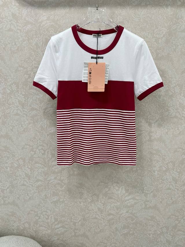 Miumi*25 new round-neck red striped short-sleeved custom Yb imported cotton popl