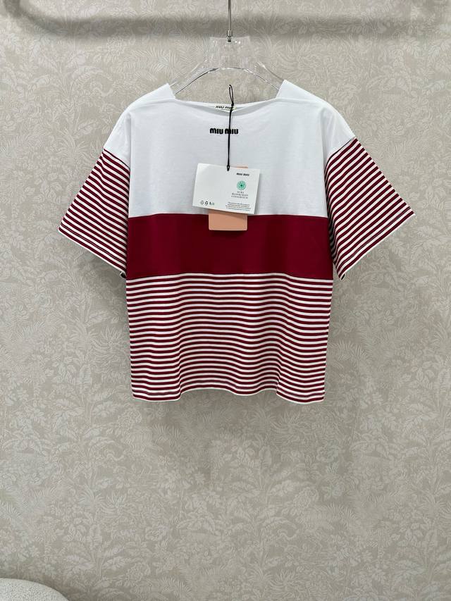 Miumi*25 new one-shoulder red striped short-sleeved custom Yb imported cotton po