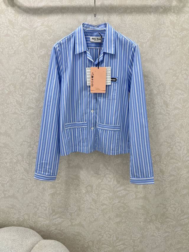 Miumi*25 new lapel blue striped shirt, custom made in Yb twill cotton, comfortab