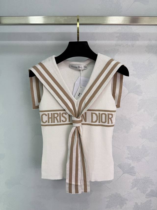 Dio* 2025 Spring/Summer new navy-collar knitted vest with embroidered letters an