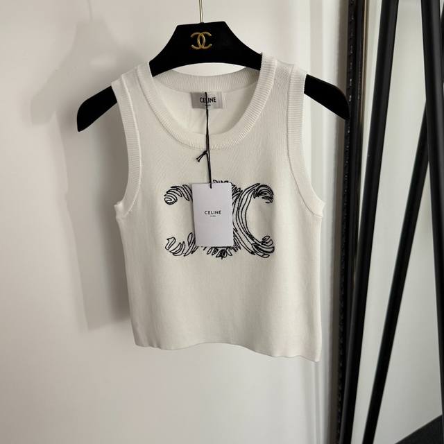 Style No. 2254292 Celin's newest sketch logo embroidered slim fit knit vest, ava