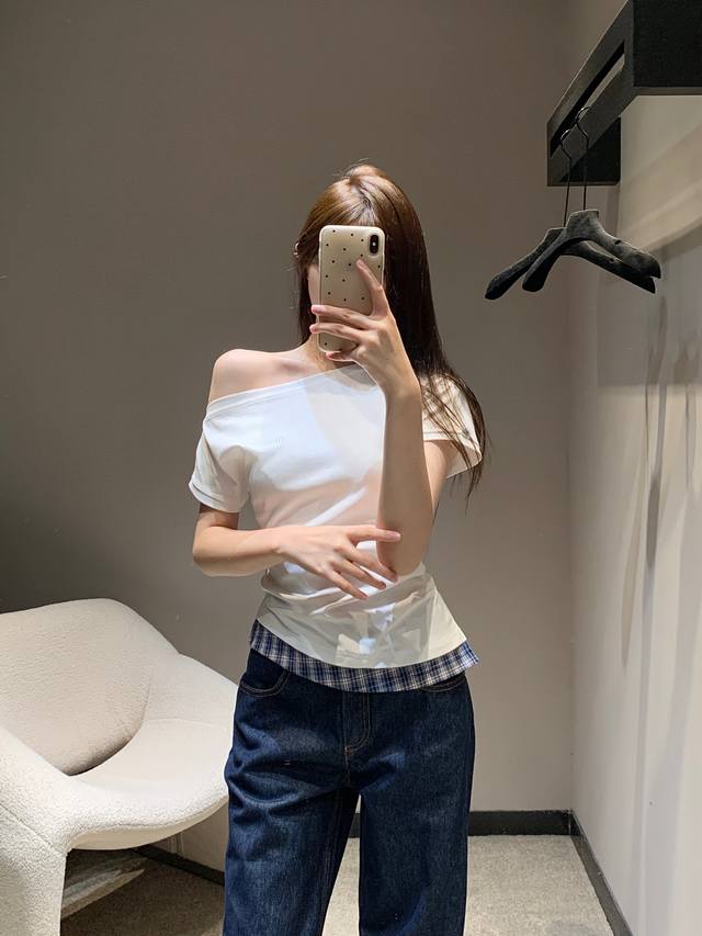 Miumi* 25Ss Spring/Summer new letter embroidered plaid off-shoulder short-sleeve