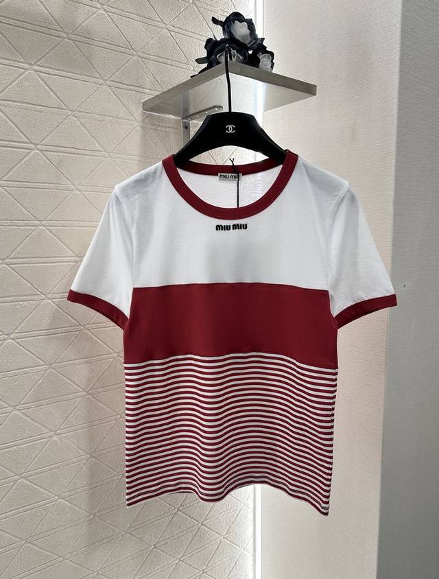 Miumi*2025 new arrivals. Round-neck, striped short-sleeved top, custom-made with