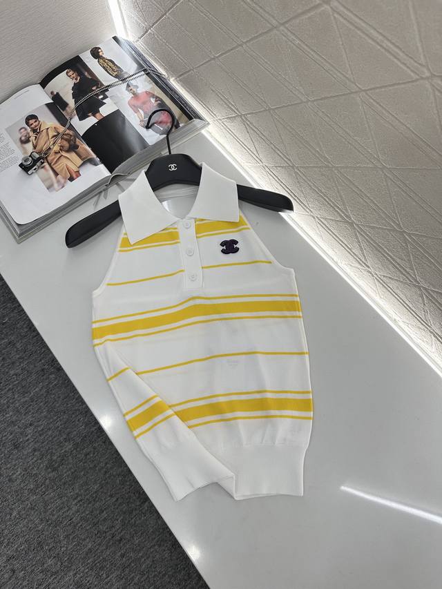 Chane*2025 New Arrival. Halter neck, lapel, striped knitted vest. Custom-made wi