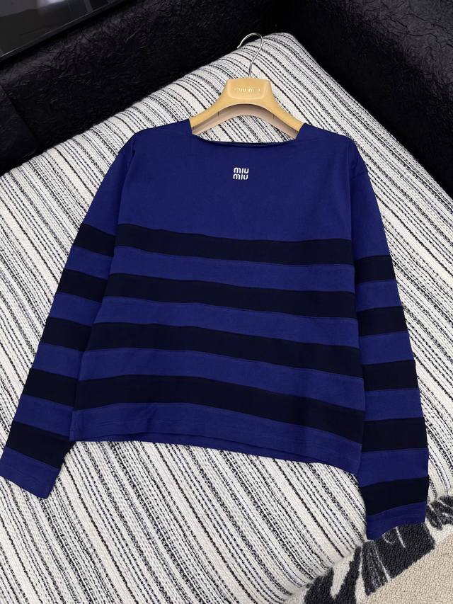 Hot-selling Miu Mi* | 2025 new square-neck embroidered striped long-sleeved T-sh