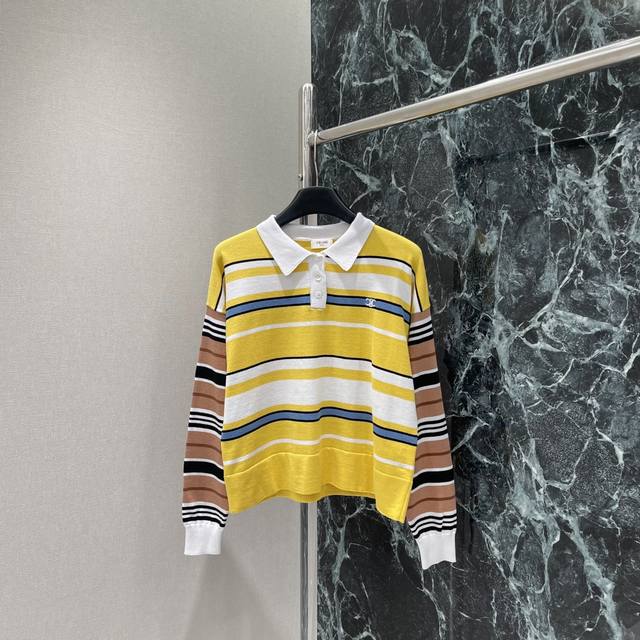 Ce 25 Early Fall new contrast striped long-sleeved top. Classic contrast polo co