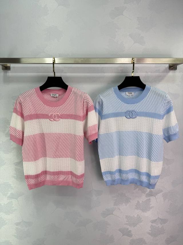 Chane*25A Early Spring Round Neck Knit Short Sleeves with Chest Embroidered Logo