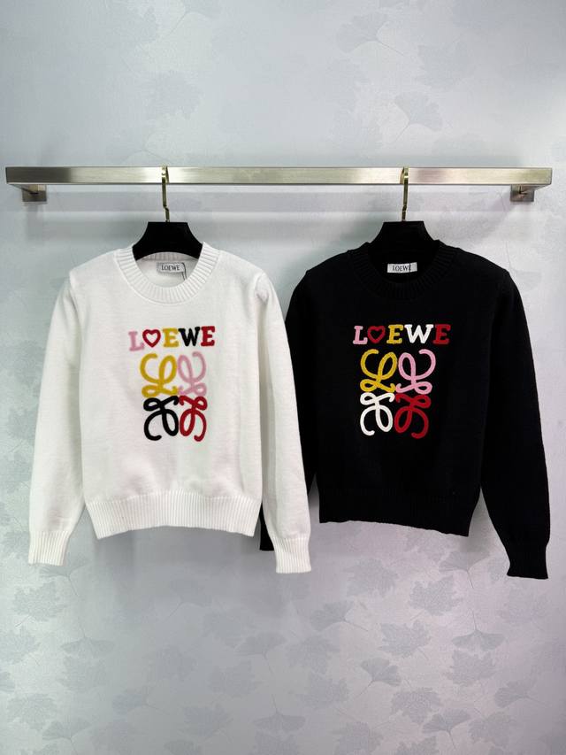 Loe*2025 new round neck sweater with colorful letter embroidery on the chest. Su