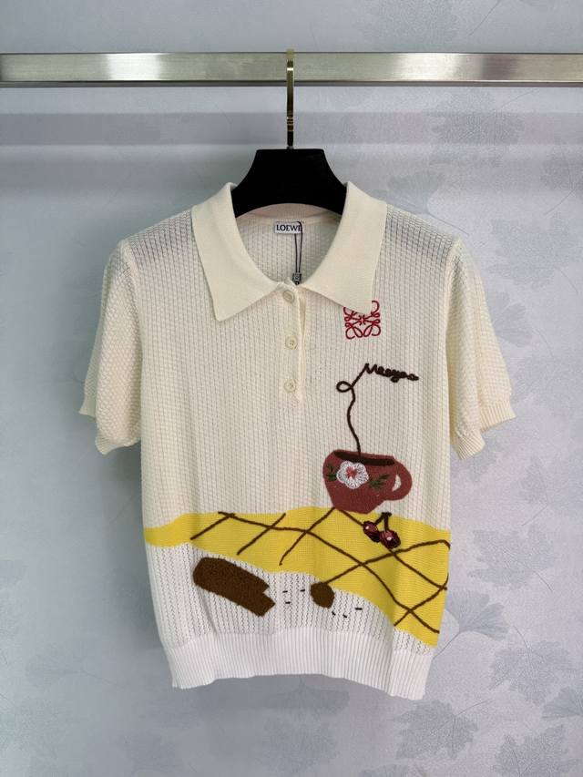 Loew*2025 new arrivals. Embroidered lapel knitted short sleeves, custom-woven fr