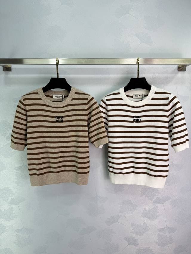 Miumi*2025 New Arrival Striped Knit Short Sleeve Custom Yb Silk Wool Yarn Woven