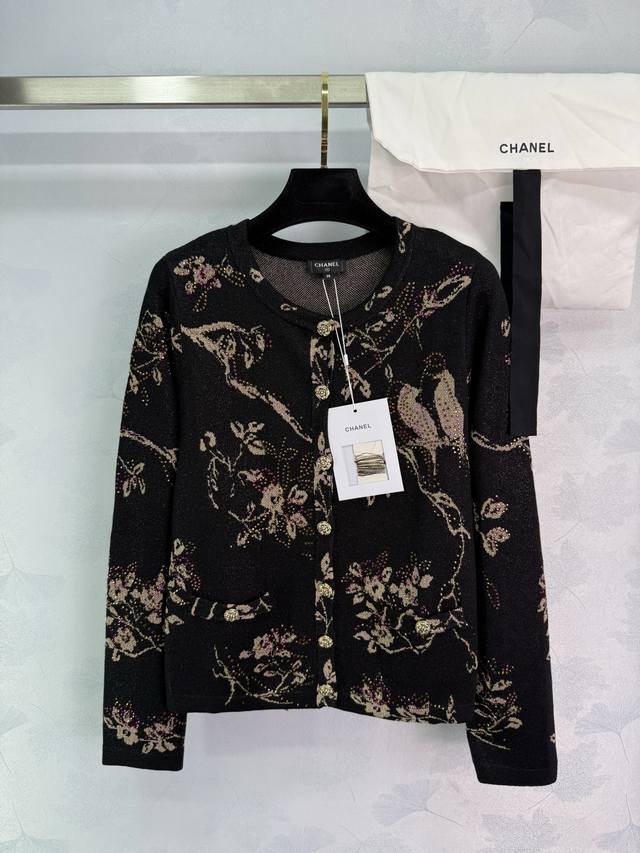 Chane*2025 New Arrivals: Custom Rhinestone Flower and Bird Knit Cardigan. Made f