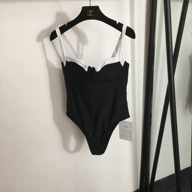 Style 3056 Chane's newest black and white colorblock halter swimsuit, black, S-X
