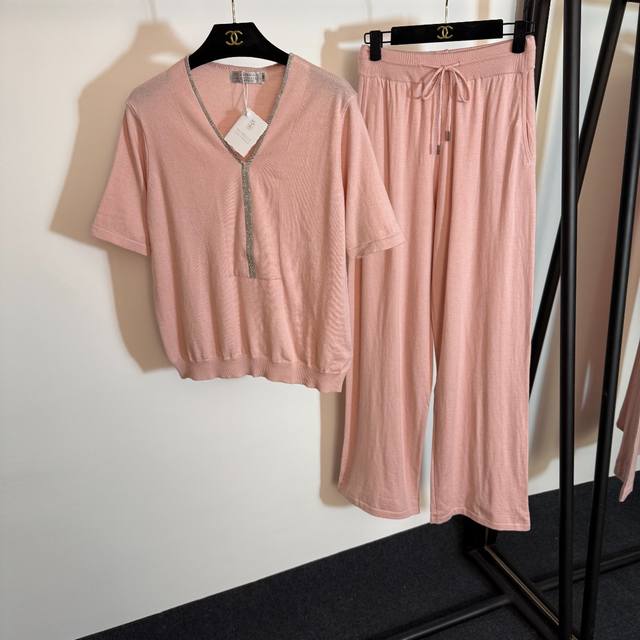 Style No. 20253818 Brunello Cucinell*Bc new knit suit, beaded V-neck short-sleev