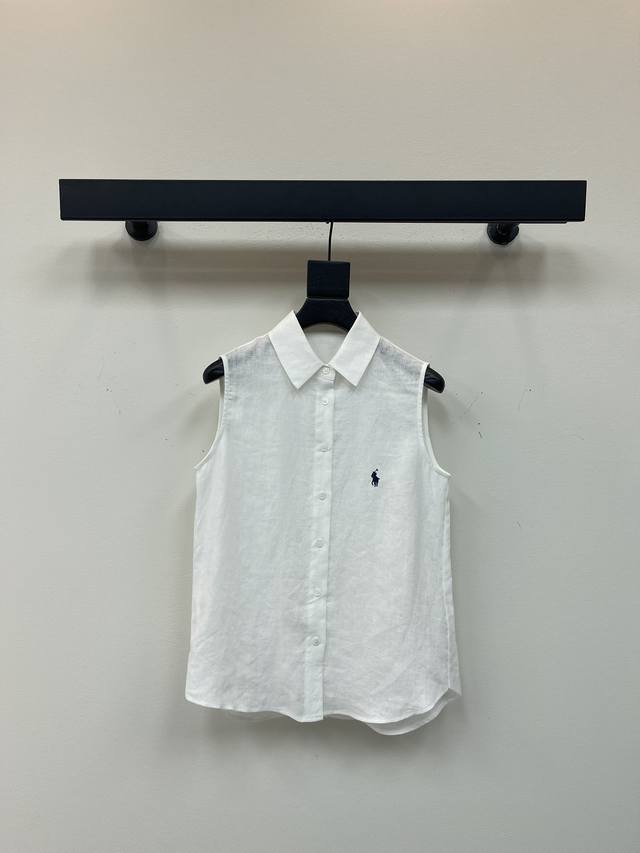Ralphlaur's new Polo pony embroidered linen sleeveless shirt is a summery touch.
