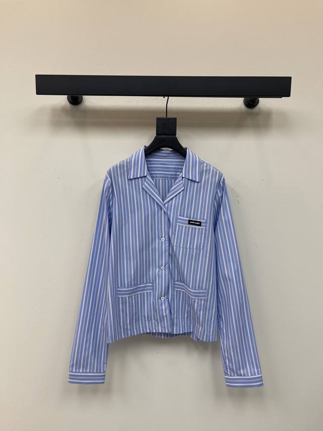 Miumi*25 new cotton striped shirt, yarn-dyed striped fabric, decorated with bran