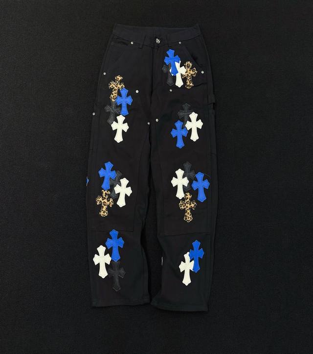 Style: D364 Chrome Hearts Straight-Leg Multicolor Leather Work Jeans Color: Blac