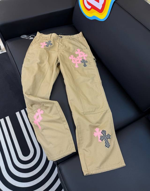 Style: D335Chrome Hearts Khaki Pink Leather Work Jeans Size: S-Xxl 28 30 32 34 C