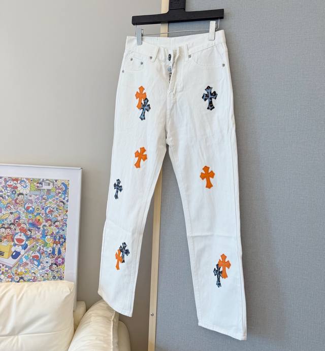 Style No.: D330 Chrome Hearts Straight-leg Casual White Leather Jeans Size 28-34
