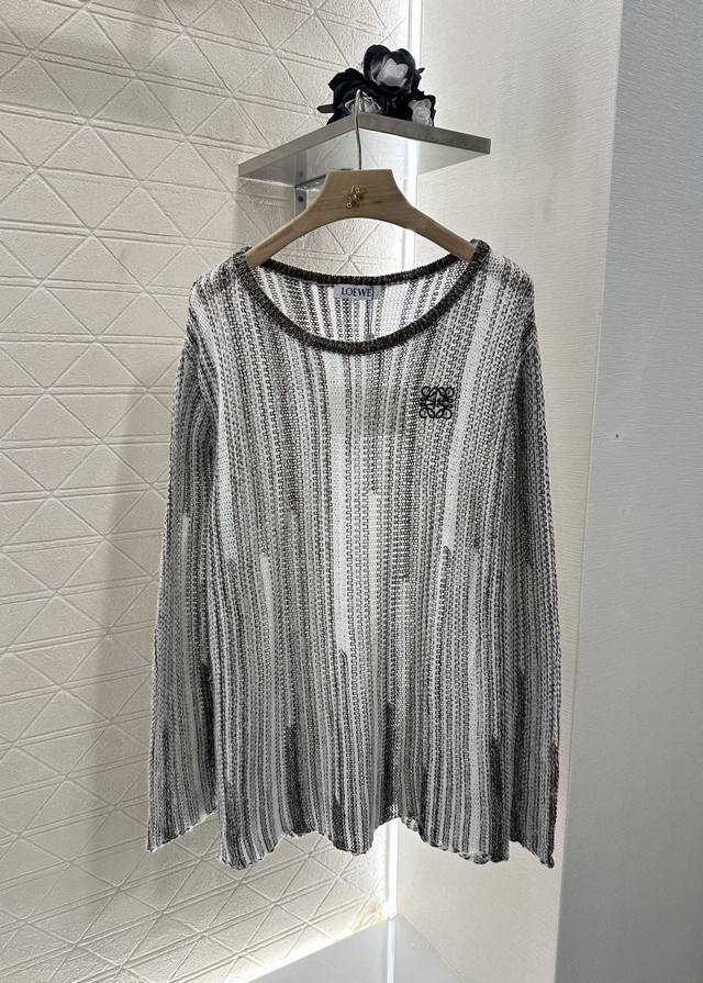 Loew*2025 New Arrivals: Long Striped Knit Top with Belt. Custom-woven Yb wool ya
