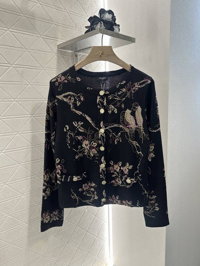 Chane*2025 New Arrivals: Custom Rhinestone Flower and Bird Knit Cardigan. Made w