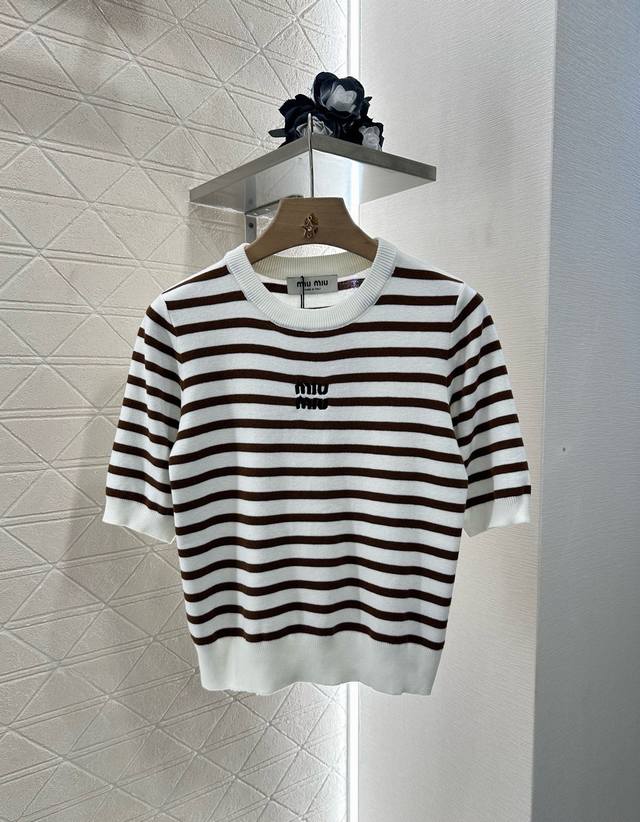 Miumi*2025 New Arrivals: Striped knitted short-sleeves, custom-woven from Yb sil