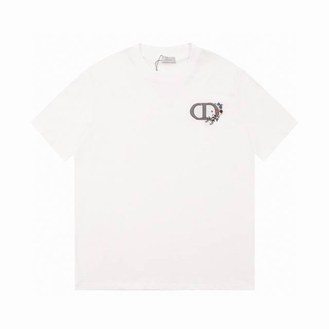 Dior 23Ss floral thick-thread embroidered short-sleeved T-shirt uses imported em
