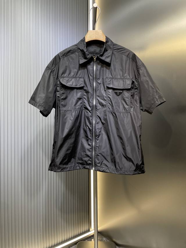 Prada top original 25Ss metal triangle logo zipper short-sleeved shirt authentic