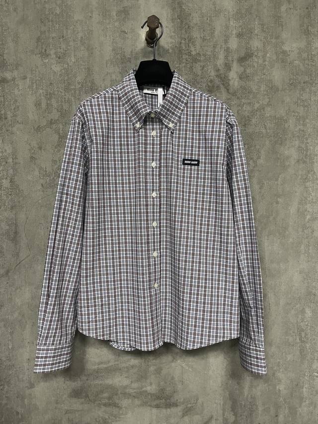 Miu Miu 25Ss check cotton long-sleeved shirt. Fabric: 100s cotton jacquard, 75D