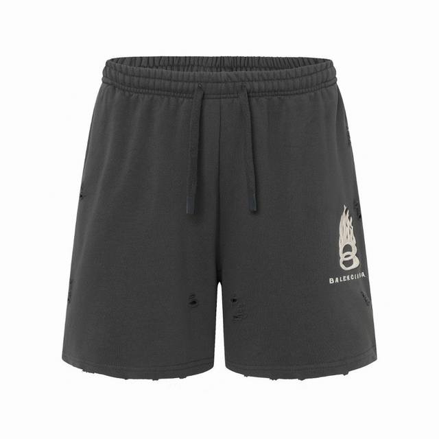 Balenciaga flame embroidered shorts with washed, salt-fried, and worn flame doub