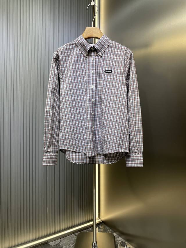 Miu Miu top-of-the-line original 25Ss checkered cotton long-sleeved shirt. Authe