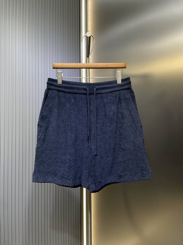 Lv Premium Original Monogram Jacquard Terry Cloth Elastic Drawstring Shorts. The