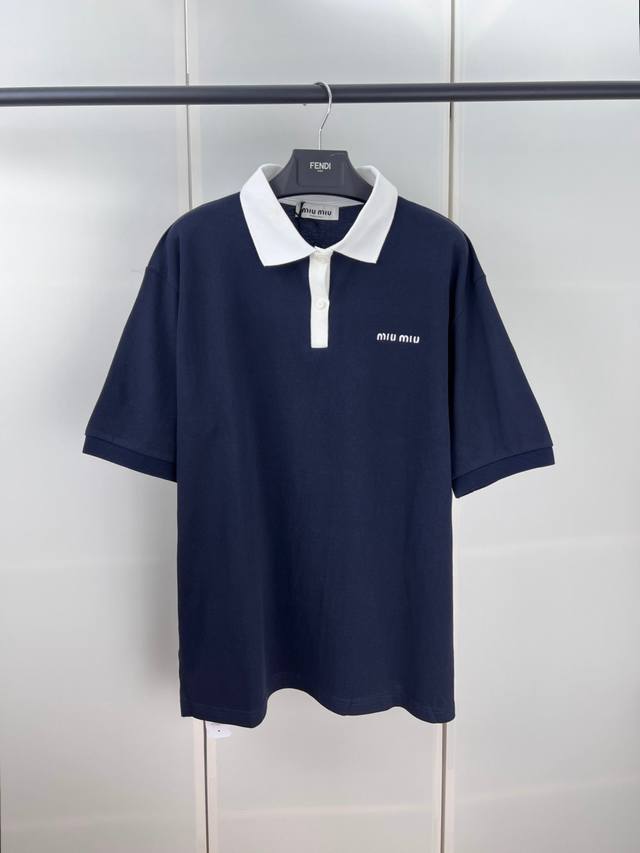 Miumiu Miu Miu letter embroidery contrast ribbed polo shirt SML Xl