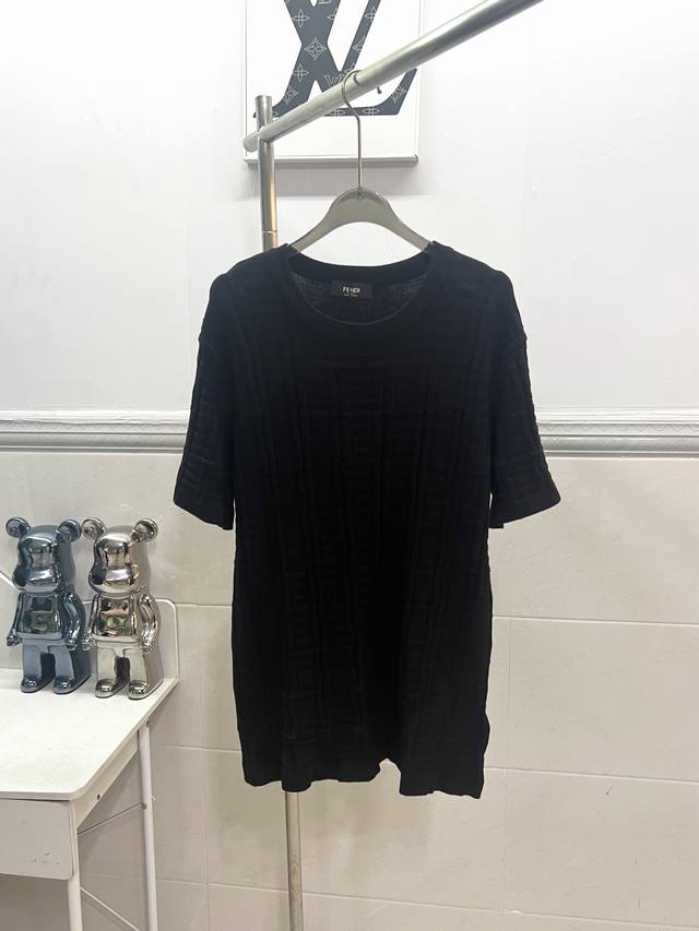 Style R067 Fendi classic logo all-over jacquard knitted wool short-sleeved T-shi