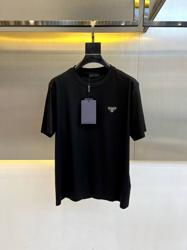 Prada, Sea Island cotton short-sleeved crew neck T-shirt. Featuring a classic lo