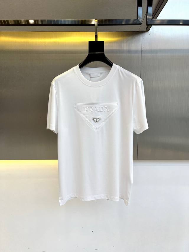 Prada, Sea Island cotton short-sleeved crew neck T-shirt. Featuring a classic lo