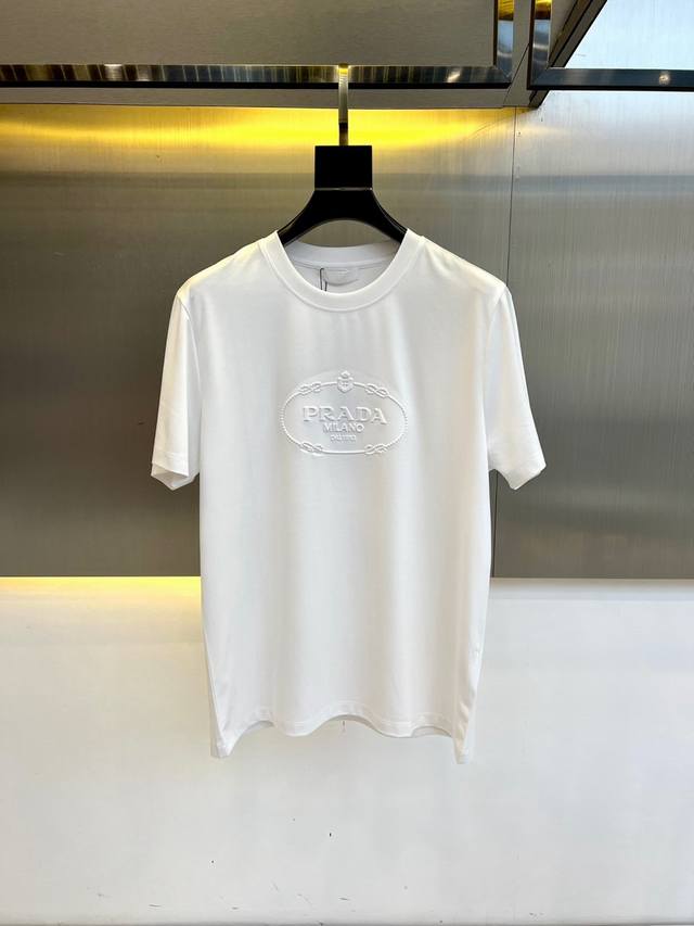 Prada, Sea Island cotton short-sleeved crew neck T-shirt. Featuring a classic lo
