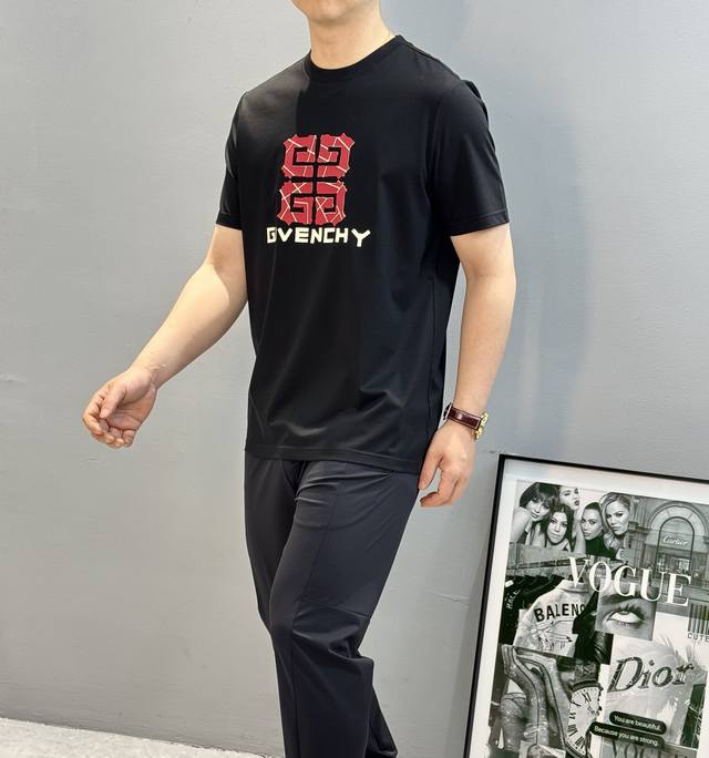 Givench*Y 2025S new mercerized cotton short-sleeved T-shirt featuring a high-tem