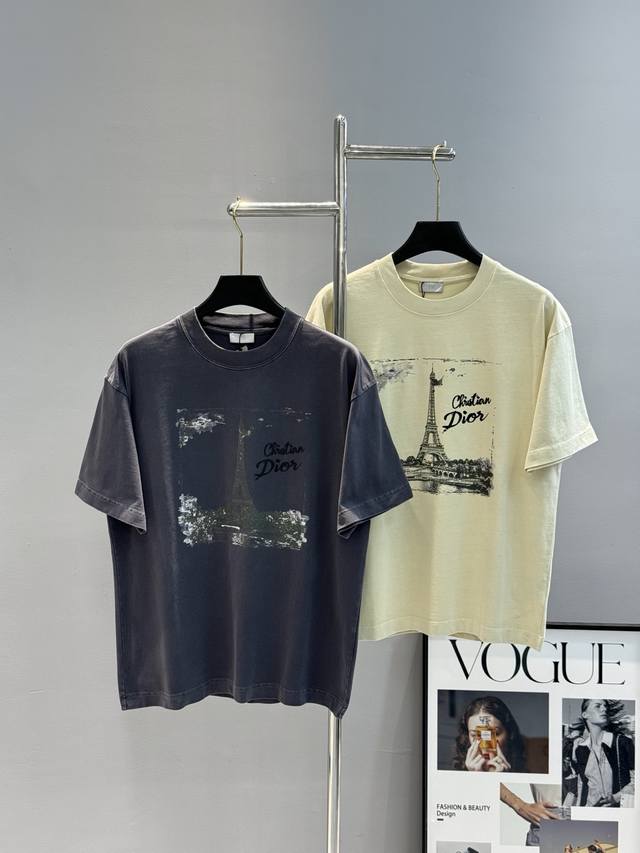 Dior 25S new trendy T-shirt. Unisex! Heavy wash collection. Eiffel Tower graphic