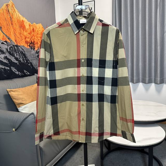 Burberry Ss classic dark large plaid long-sleeved shirt Original fabric, high ve