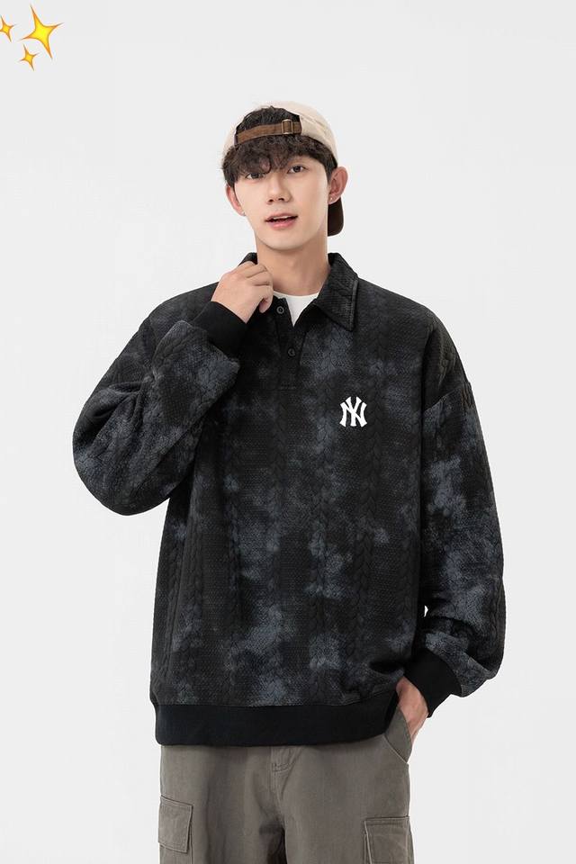 Mlb Ny Yankees classic style cable-knit tie-dye polo shirt, round neck couple sw