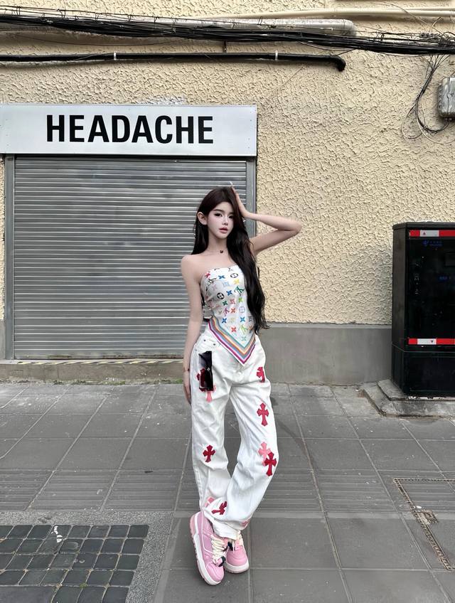 High-end, heavily crafted Ch Chrome Hearts red and pink cross-stitched white jea