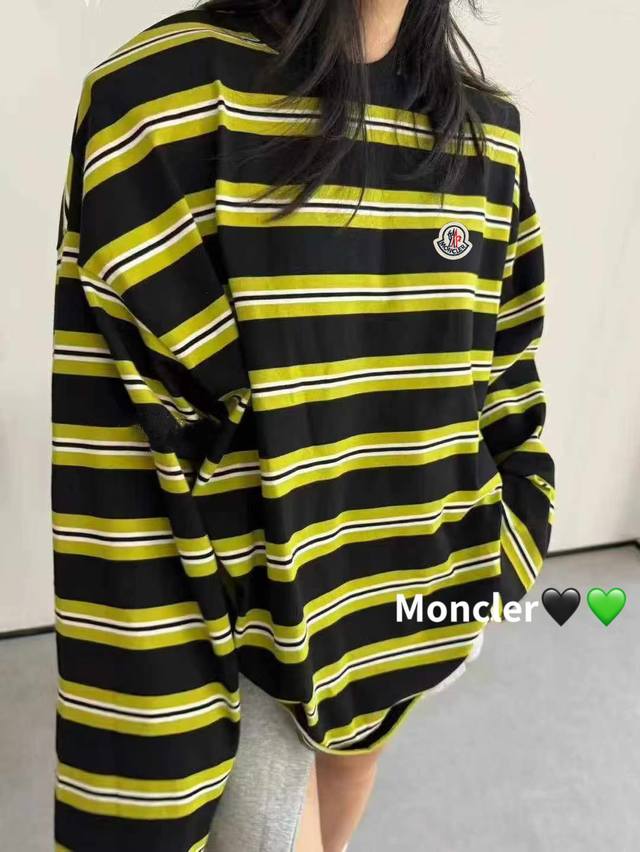New Model Moncler 25Ss new black and green contrast striped long-sleeved T-shirt