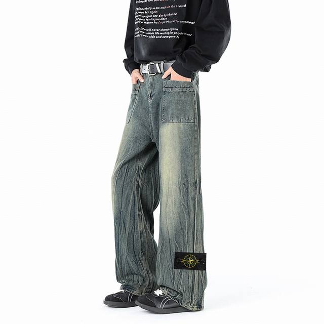 New P 2025 Autumn Stone Island Retro Straight Jeans, unisex, with a retro washe