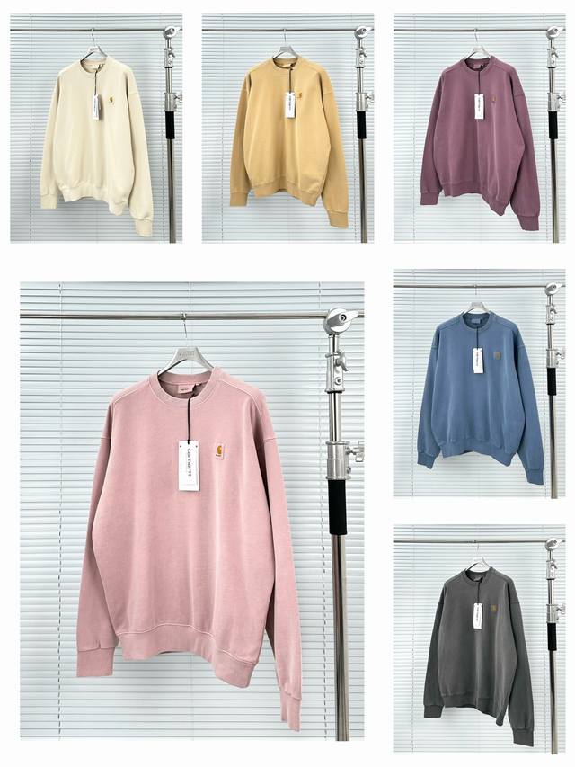 Carhartt's 6-color washed sweatshirts are available in pink, apricot, purple, bl