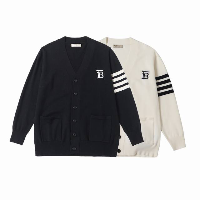 Burbeyyr's classic four-bar knitted cardigan is a high-quality, two-tone sweater
