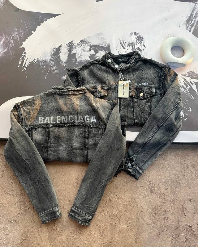 New arrival Balenciaga 25Ss distressed denim jacket with rhinestones on the back